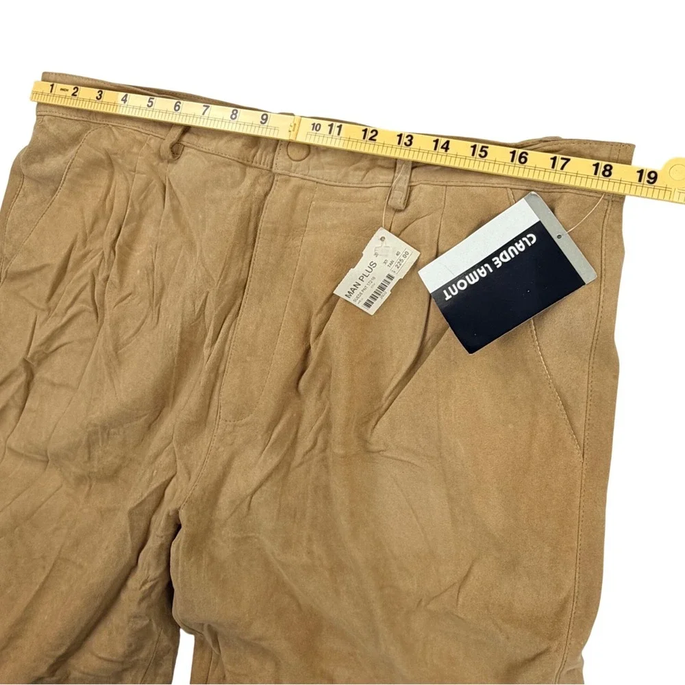 Claude Lamont Suede Pants Men 38 Tan Silky Leather‎ Pleated Raw Hem Lined NEW